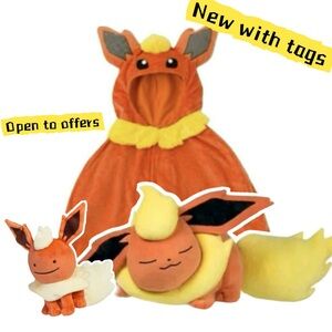 Pokemon Center Flareon plush set: as Ditto, Sleeping Flareon, Poncho Cape